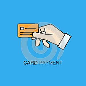 Card payment symbol - vector line style illustration with hand holding credit card.