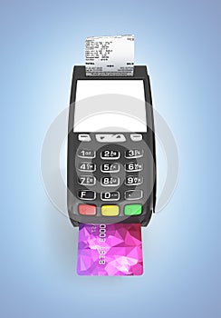 Card payment terminal with an empty screen POS terminal with credit card and receipt isolated on blue gradient background 3d