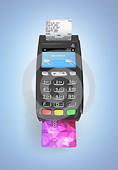 Card payment terminal POS terminal with credit card and receipt isolated on blue gradient background 3d render