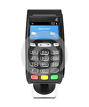 Card payment terminal POS terminal with credit cards and receipt without shadows isolated on white background 3d render