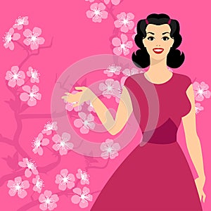 Card with pin up girl and stylized cherry blossom