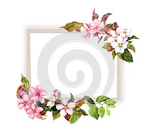 Card with pink apple, cherry flowers. Watercolor beautiful frame