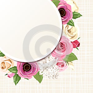 Card with pink and white roses, lisianthuses, anemones and lilac flowers. Vector eps-10.