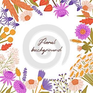 Card with place for text, floral frame. Borders from fresh and dry wildflowers, meadow flowers. Botanical decoration