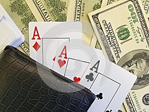 Card playing dollars background purse chance opportunity risk closeup