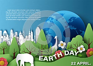 Card and poster campaign`s of Earth day in paper cut out style and vector design
