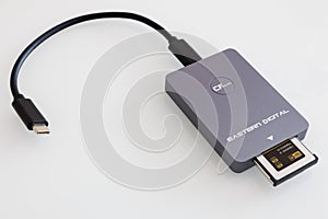 card reader for cfexpress memory cards on a white background. 512 GB memory card inside.