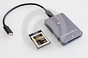 card reader for cfexpress memory cards on a white background. 512 GB memory card inside.