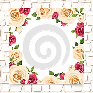 Card with red and white roses on a stone wall. Vector eps-10.