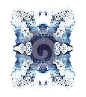 Card of rorschach inkblot test. Blue watercolor symmetric blotch.