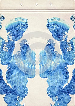 Card of Rorschach inkblot test. Blue watercolor symmetric blots. Fine abstract watercolor painting on old textured paper. Grunge a