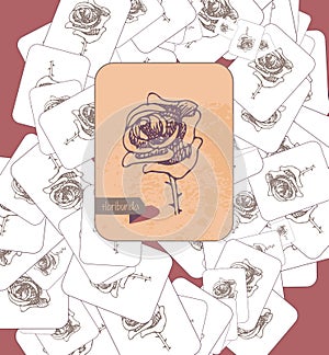 Card with rose and inscription scattered on the surface. Theme selection. Vintage style.