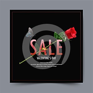 Card sale Valentine`s Day with red rose and gold ring on a black background with frame, vector and illustration