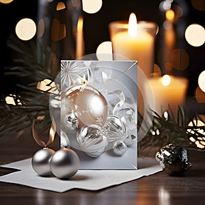 Card with silver baubles in the background of Candles, bokeh effect. Christmas card as a symbol of remembrance of the birth of the
