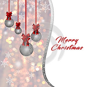 Card with silver Christmas baubles and red decorations on golden background