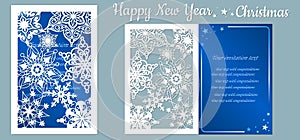 Card with snowflakes. Text - happy New Year. Vector illustration. Laser cut template. Metal, paper or wood carving pattern. Blue.
