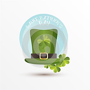 Card for St. Patrick Day. Leprechaun hat and the shamrock leaves. Cartoon funny style.