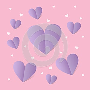 Card for st. Valentine day with lilac hearts over pink background.