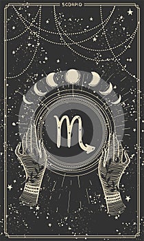 Card for stories with Zodiac sign Scorpio hand drawn, vintage boho illustration of astrology, black mystical background