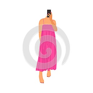 Card with Stylish woman in pink dress doing selfie
