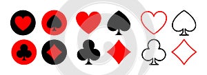 Card suit symbols Isolated on white background. Red hearts and diamonds, black spades and clubs. Vector illustration