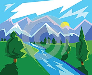Card with a sunny stylized landscape