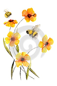 Card template with bees and flowers decoration, nice card design in blue and yellow about summer holidays, harvest, wedding