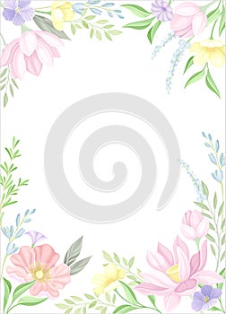 Card template with floral frame. Wedding invitation, postcard, poster, flyer with flowers in pastel colors vector