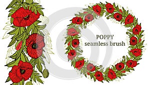Card, template with hand drawn leaves, branch and flowers poppy.