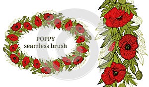 Card, template with hand drawn leaves, branch and flowers poppy.