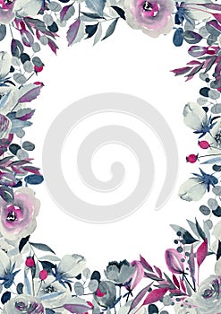 Card template with indigo and crimson roses and plants