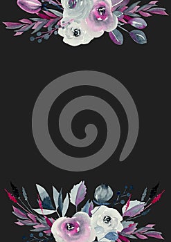 Card template with indigo and crimson roses and plants