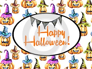 Card template, oval frame on watercolor Halloween pumpkins background