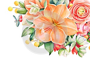 Card template with watercolor lily, rose, ranunculus and other flowers.