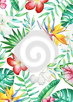 Card template with watercolor tropical flowers and plants