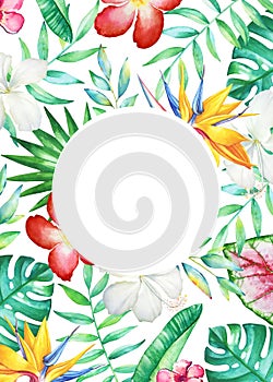 Card template with watercolor tropical flowers and plants