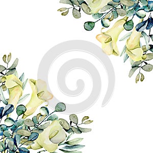 Card template with watercolor white callas flowers and eucalyptus branches