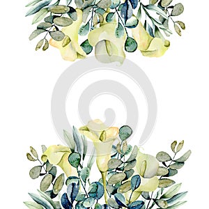 Card template with watercolor white callas flowers and eucalyptus branches