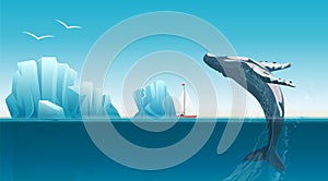 Card template with whale jumping under the blue ocean surface near icebergs. Winter arctic vector illustration. Iceland.