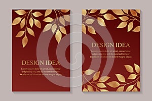 Card templates with golden autumn leaves on a red background