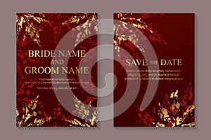 Card templates with golden autumn maple`s leaves on a red background