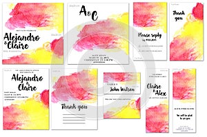 Card templates set with pink and yellow watercolor splashes background; artistic design for business, wedding, anniversary