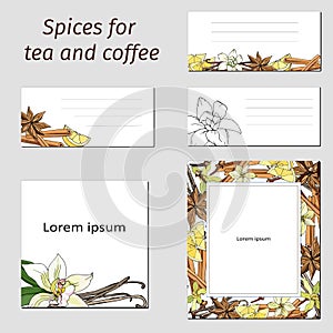Card templates set with spices: cinnamon, anise, vanilla. Vector illustration of the design of the corporate identity of cafes,