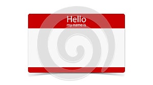 Card with text Hello my name is on white background, illustration. Mockup for design