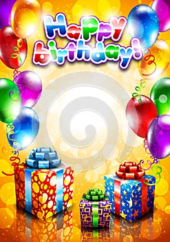 Card to birthday, with balloons and gifts