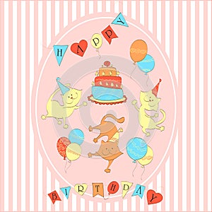 Card to birthday. Three dancing cats with balloons