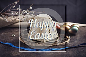 Card with traditional Easter cakes and colorful eggs and text on a dark background