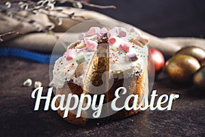 Card with traditional Easter cakes and colorful eggs and text on a dark background