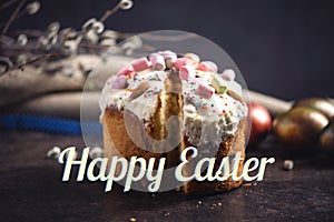 Card with traditional Easter cakes and colorful eggs and text on a dark background