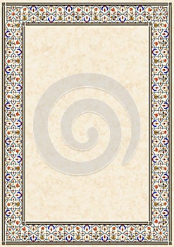 Card with traditional indian/arabic/muslim floral ornament frame above yellow marble surface, size A4